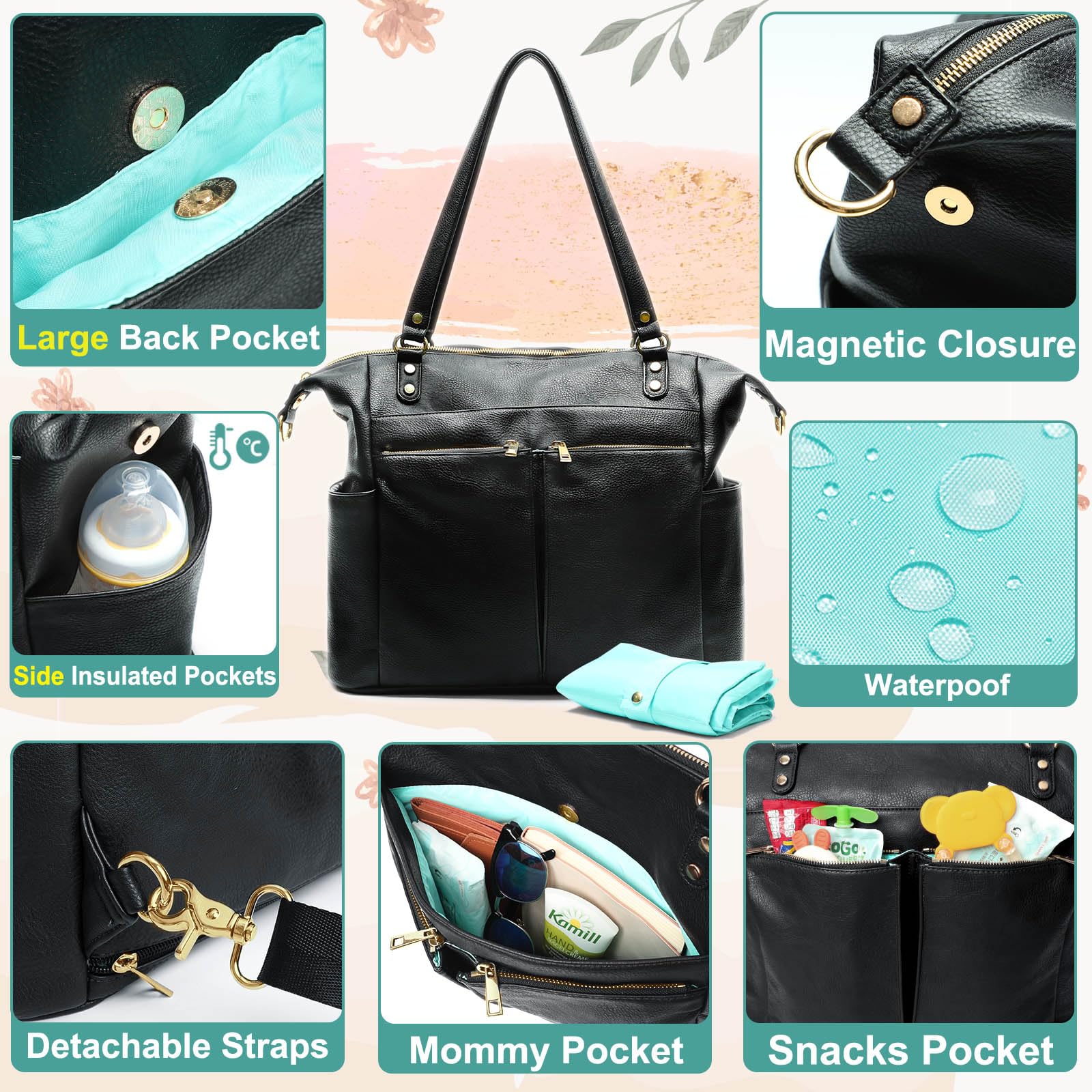 MOMINSIDE Diaper Bag Tote changing pad foldout demonstrates ready-to-change convenience.