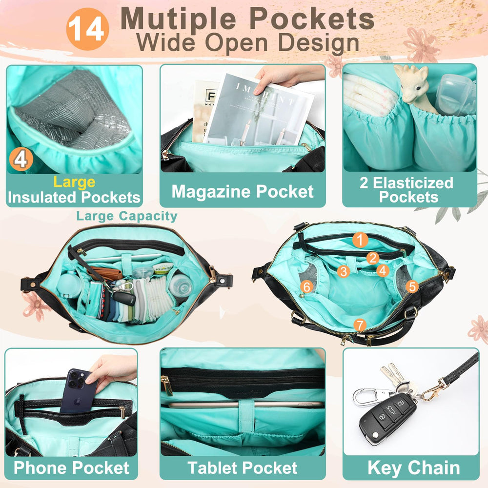 MOMINSIDE Diaper Bag Tote inside pockets layout emphasizes organized on-the-go storage.