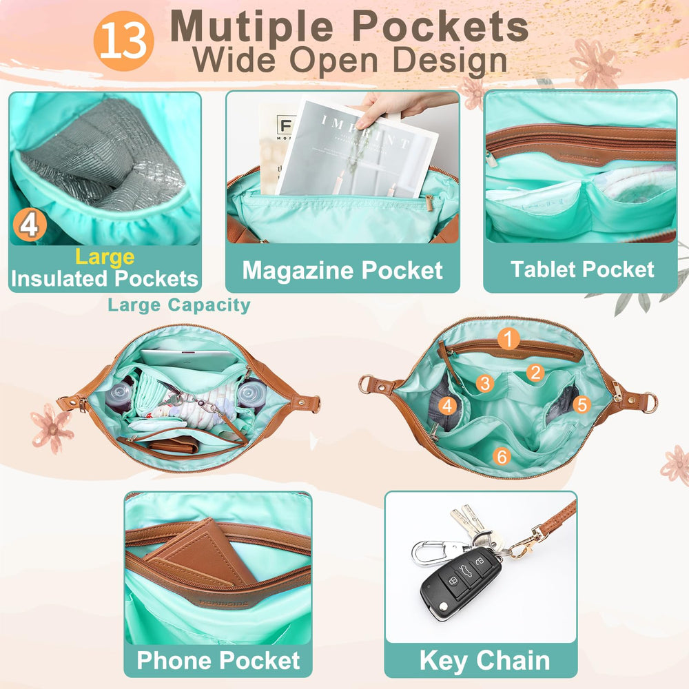 MOMINSIDE diaper bag tote interior with 13 pockets for easy bottle, diaper, and accessory organization.