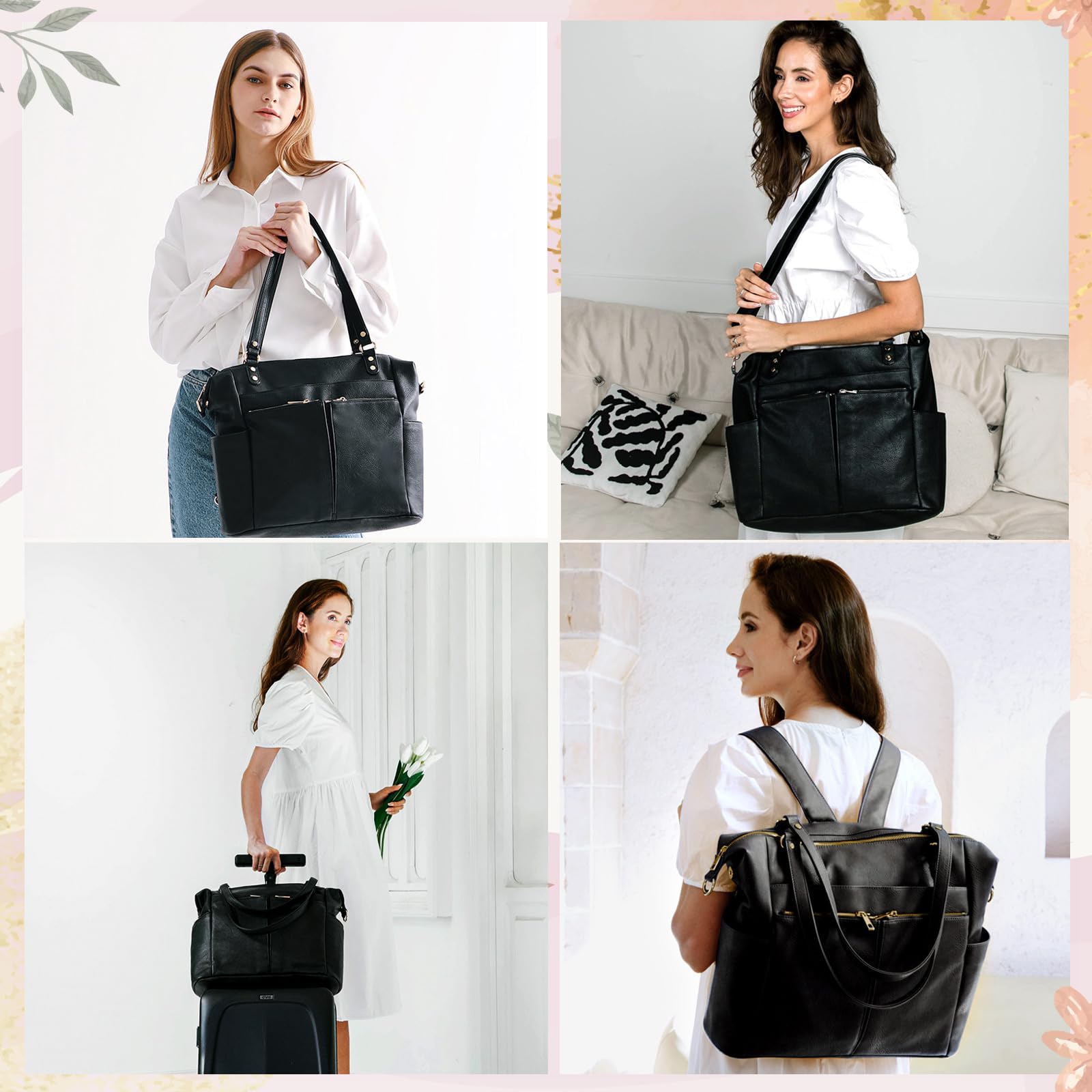 MOMINSIDE Diaper Bag Tote side pocket open highlights easy access to bottles.