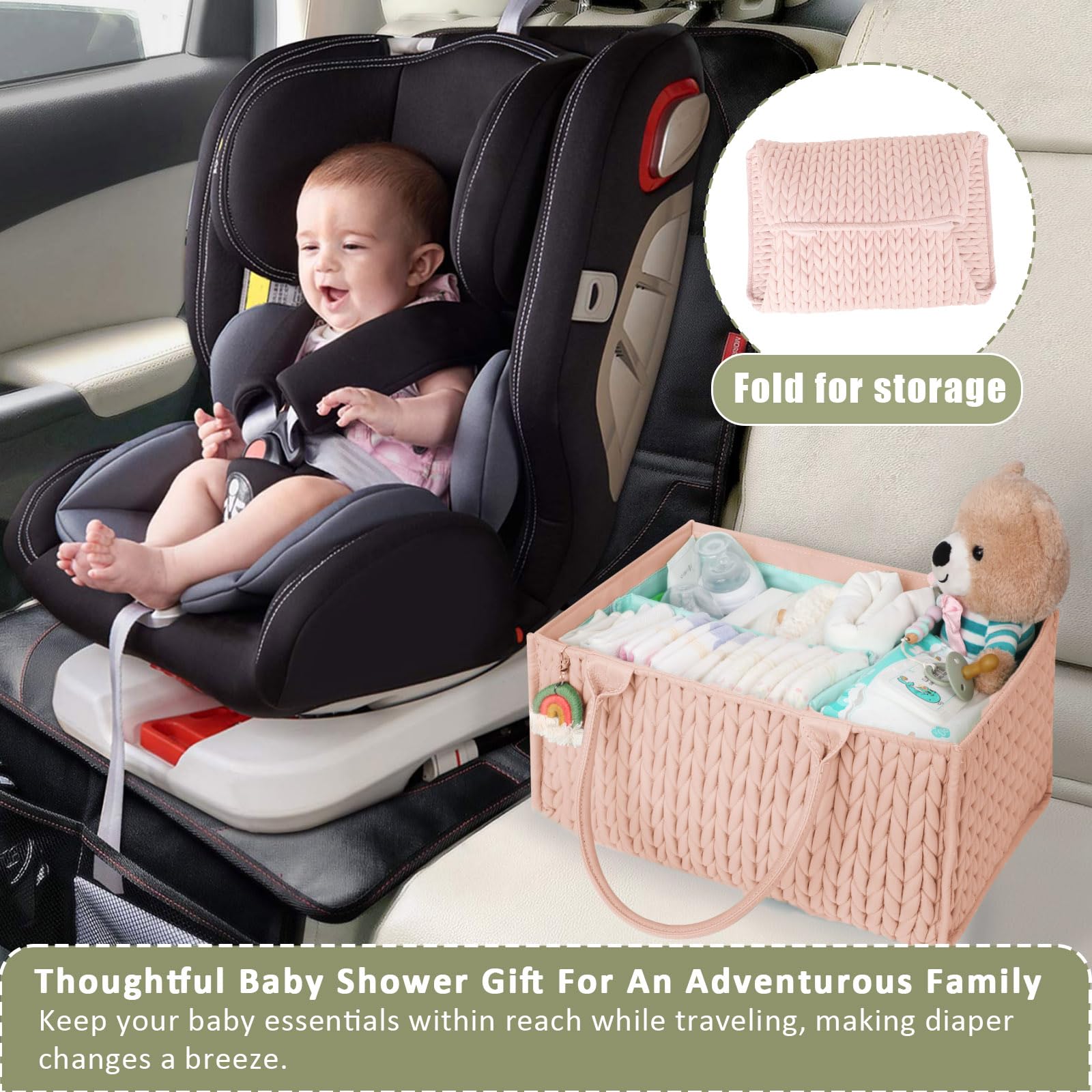 MOMINSIDE diaper caddy pale pink handles shown for easy transport