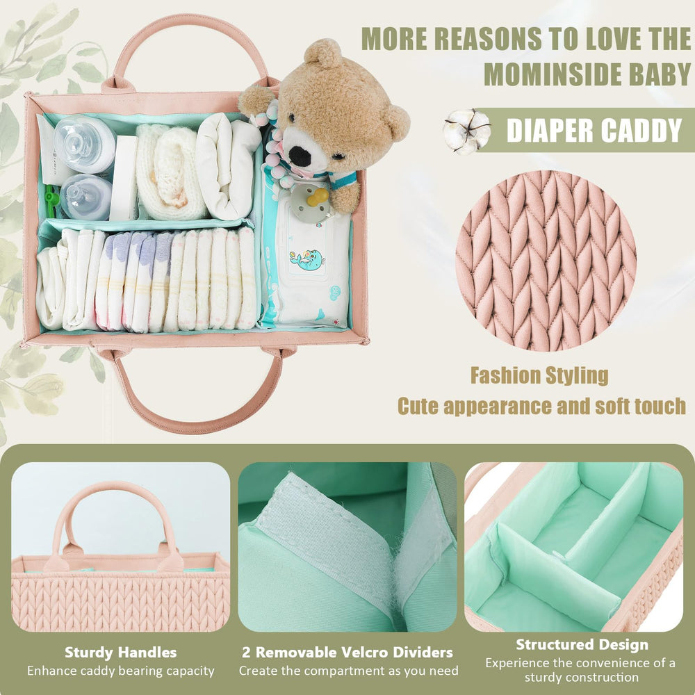 MOMINSIDE diaper caddy pale pink with removable dividers in use
