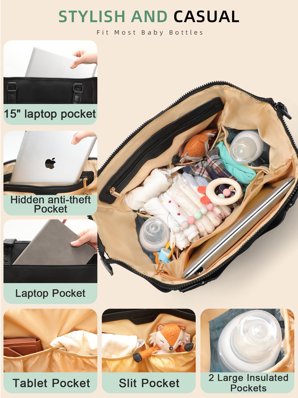 MOMINSIDE neoprene diaper bag tote zip-out changing pad for quick diaper changes.
