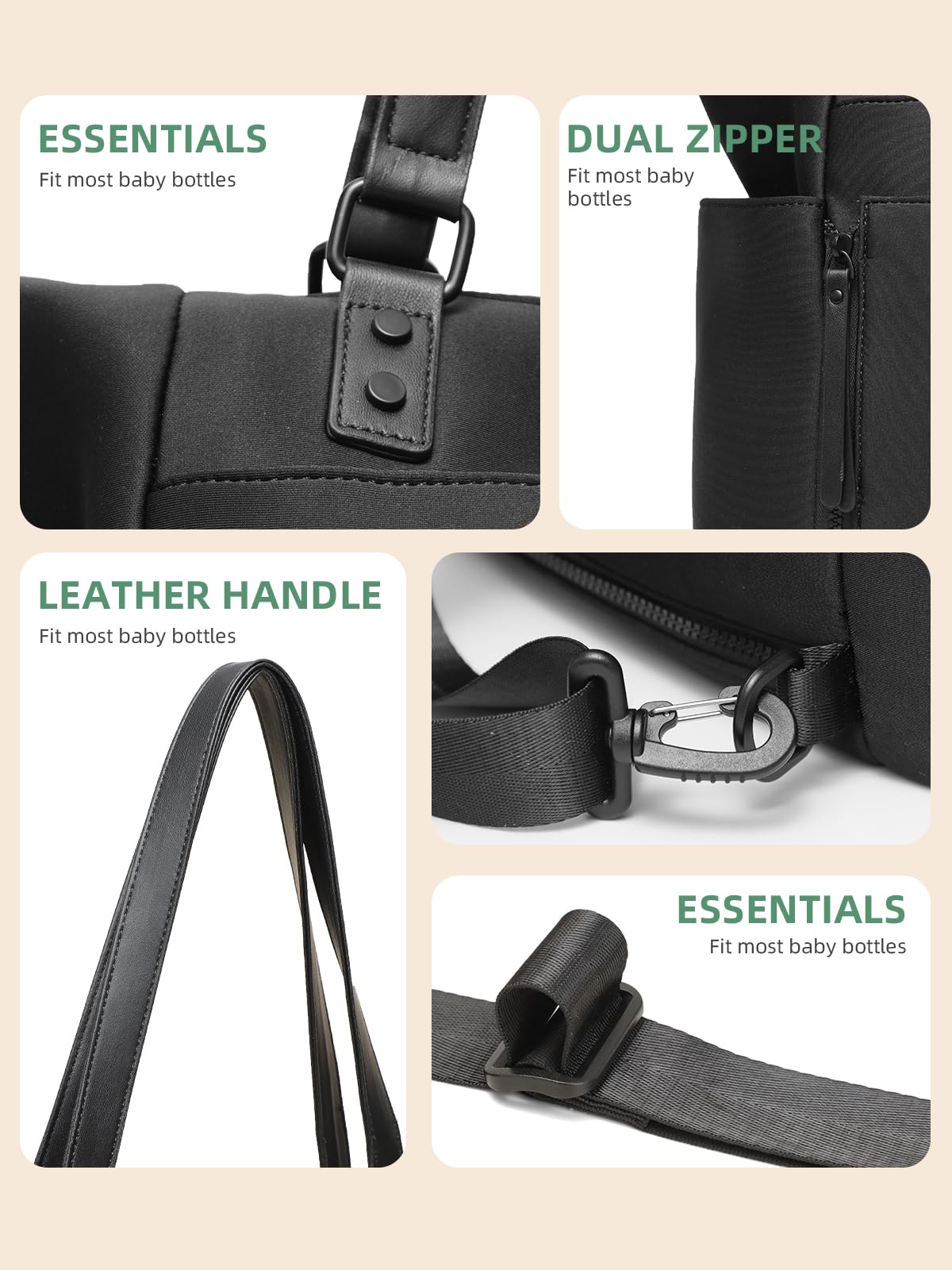 MOMINSIDE neoprene diaper bag tote interior layout highlights 14 pockets and a laptop pocket.
