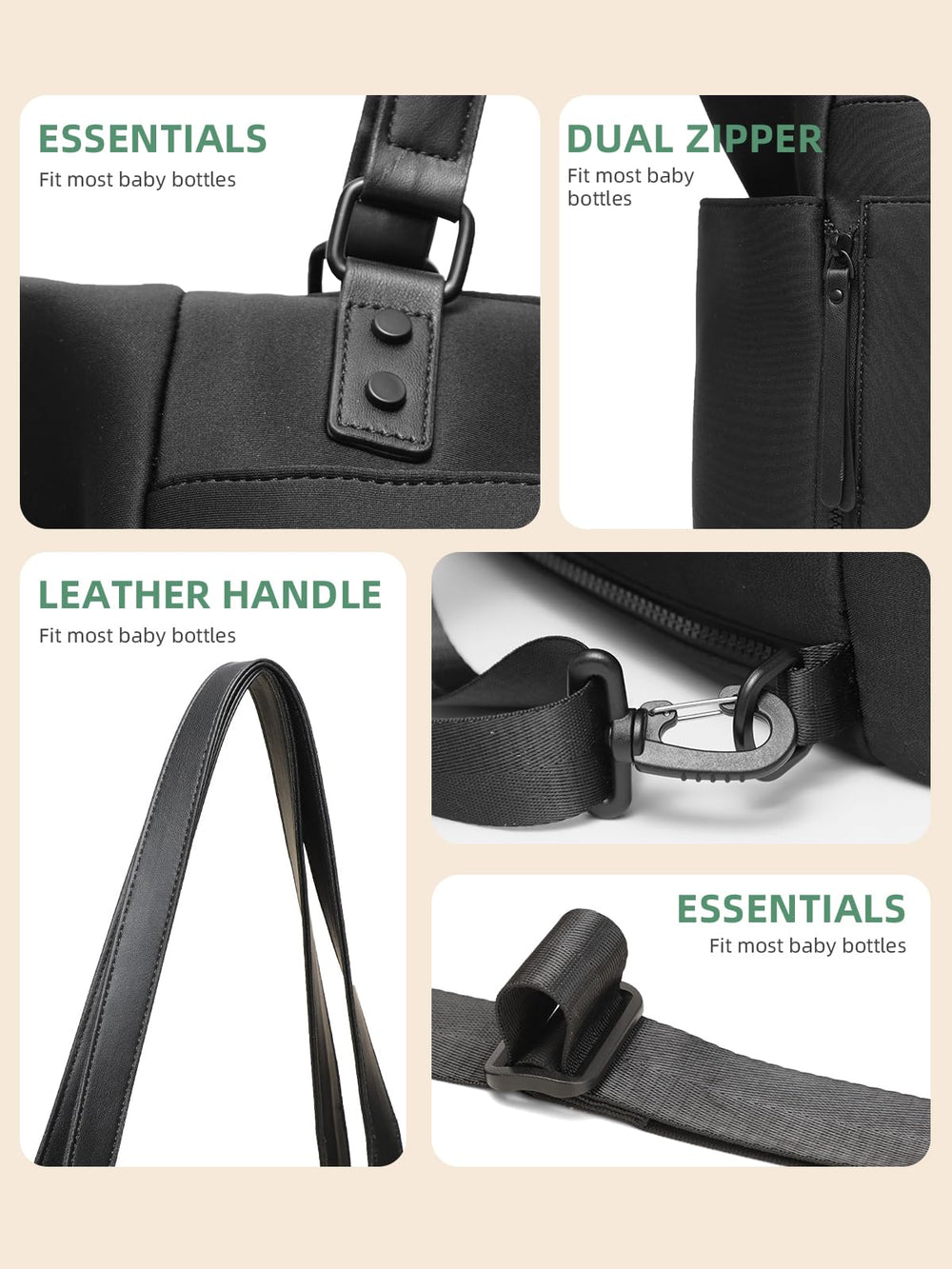 MOMINSIDE neoprene diaper bag tote interior layout highlights 14 pockets and a laptop pocket.