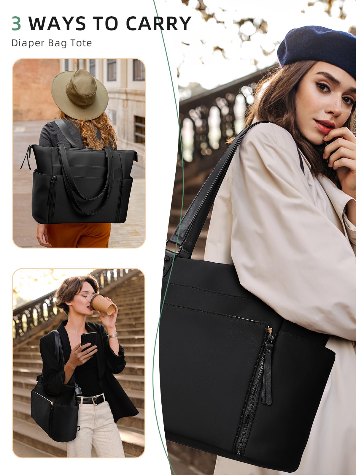 MOMINSIDE neoprene diaper bag tote side-pocket access ideal for bottles and snacks on the go.
