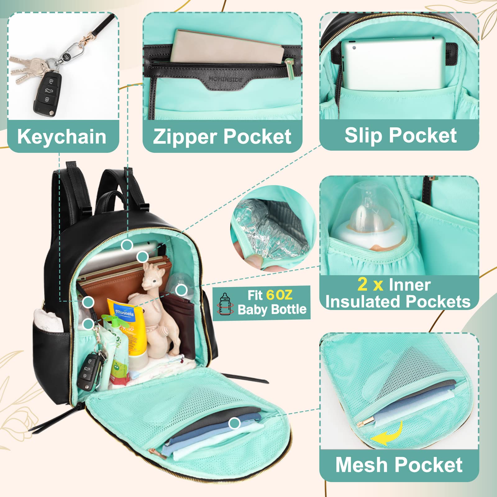 MOMINSIDE small diaper bag backpack side straps and clips enable stroller compatibility