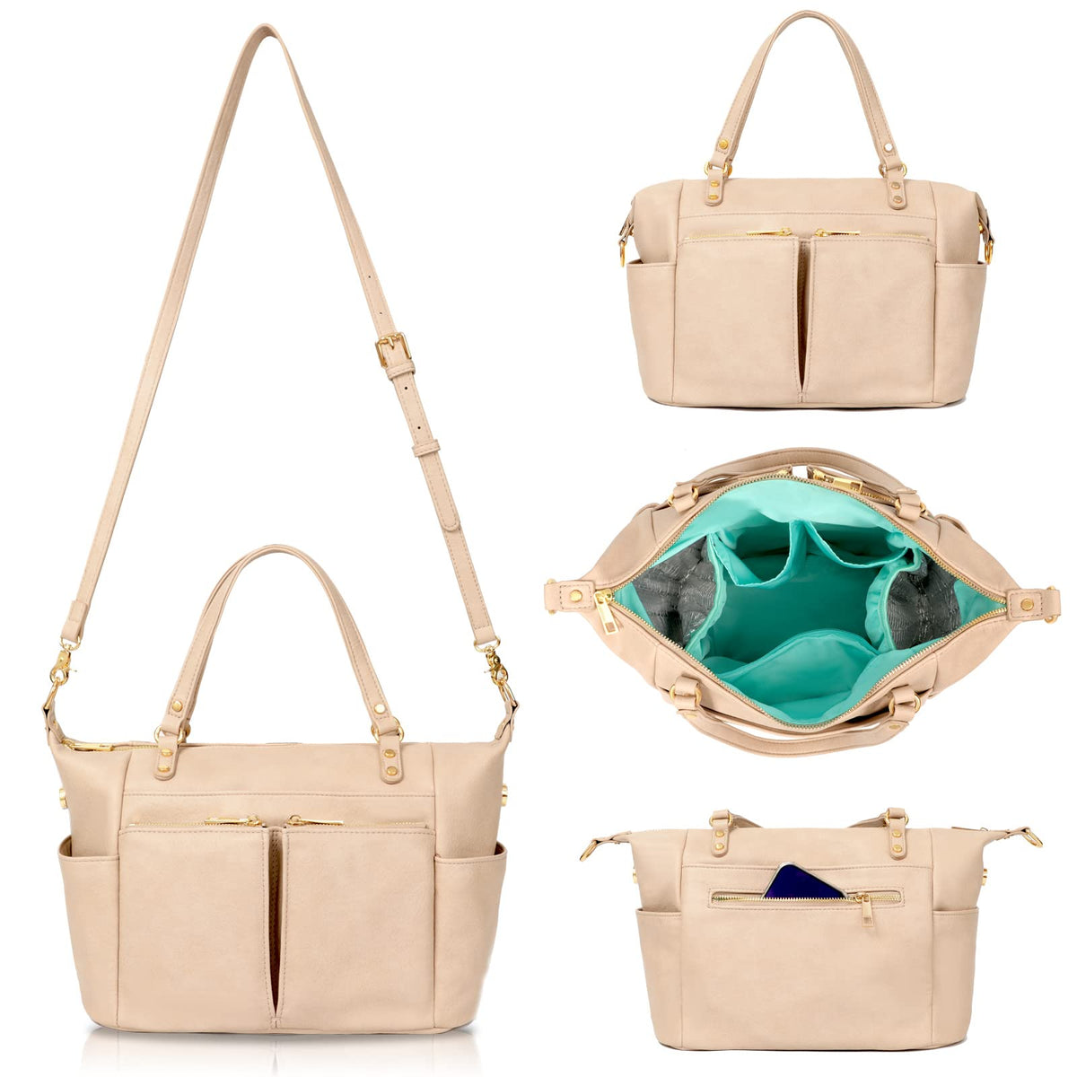 MOMINSIDE small leather diaper tote Ivory front view for quick access to essentials.