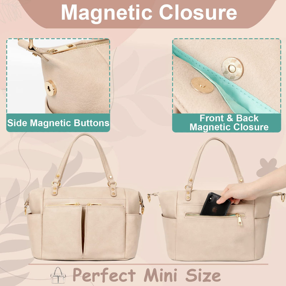 MOMINSIDE small leather diaper tote Ivory interior-organization highlights 13 pockets.