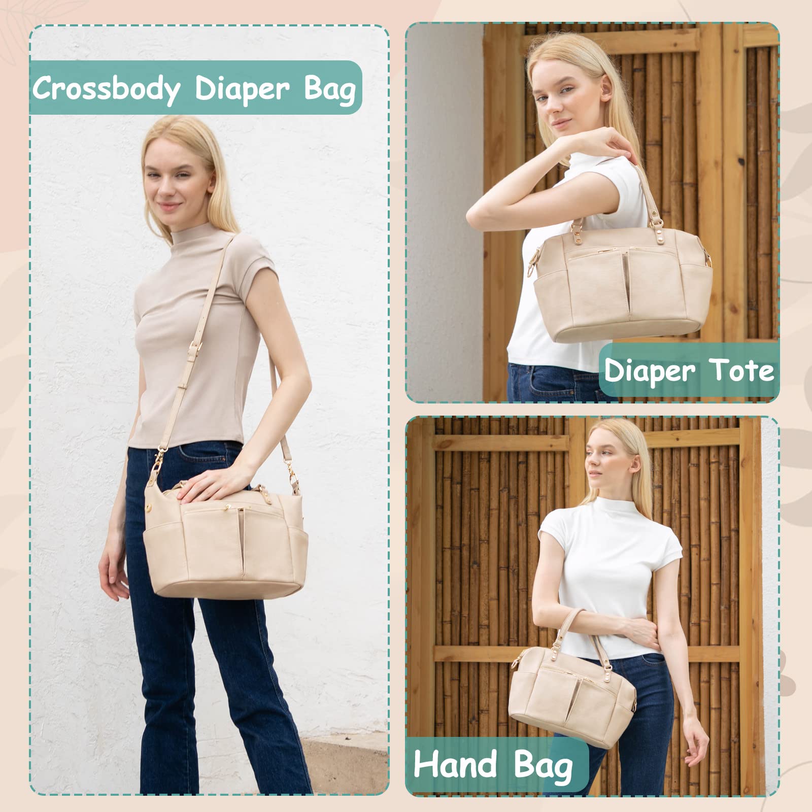 MOMINSIDE small leather diaper tote Ivory side-pocket-open for quick bottle access.