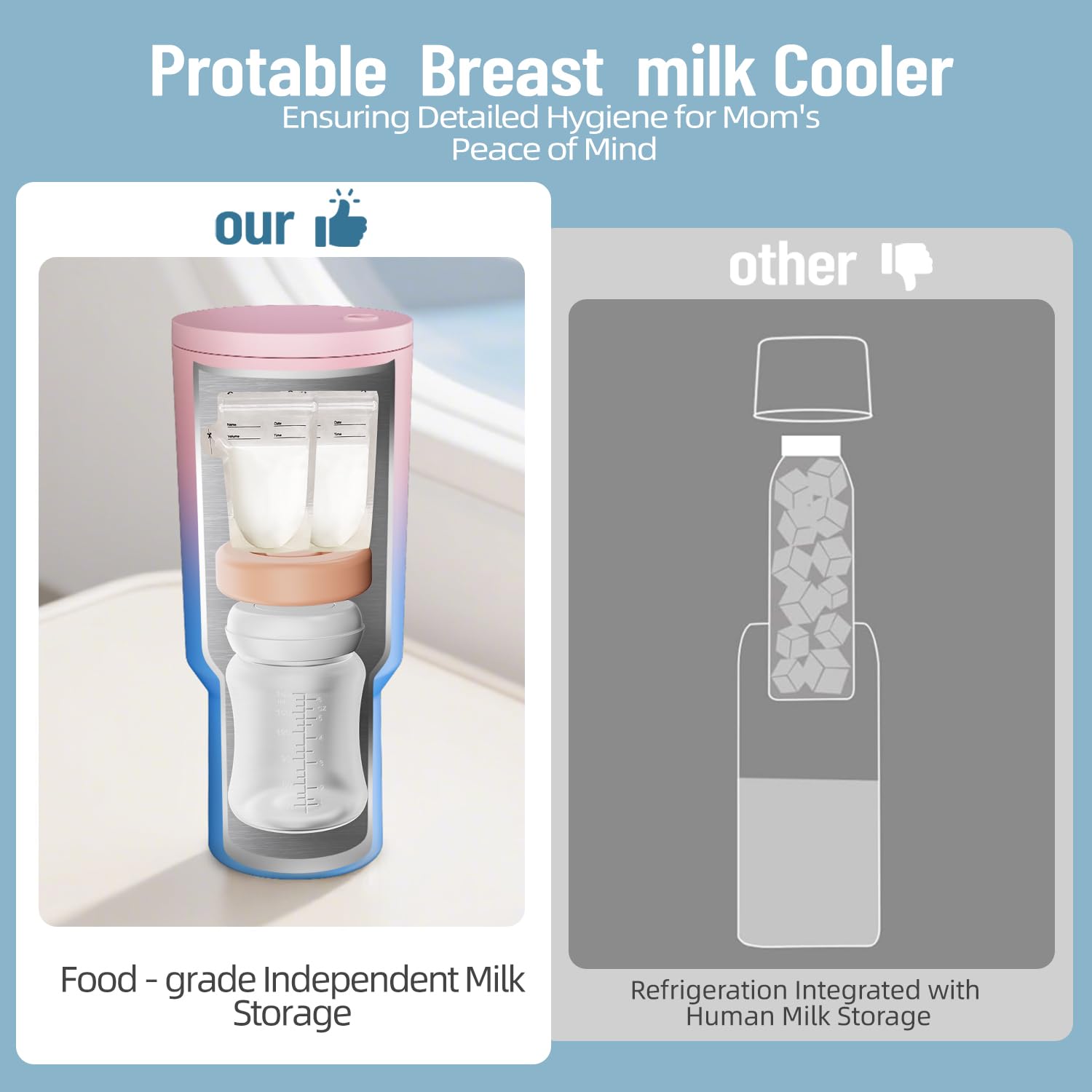 MOMJOY 180ml bottle inside cooler ready for on-the-go feeding.