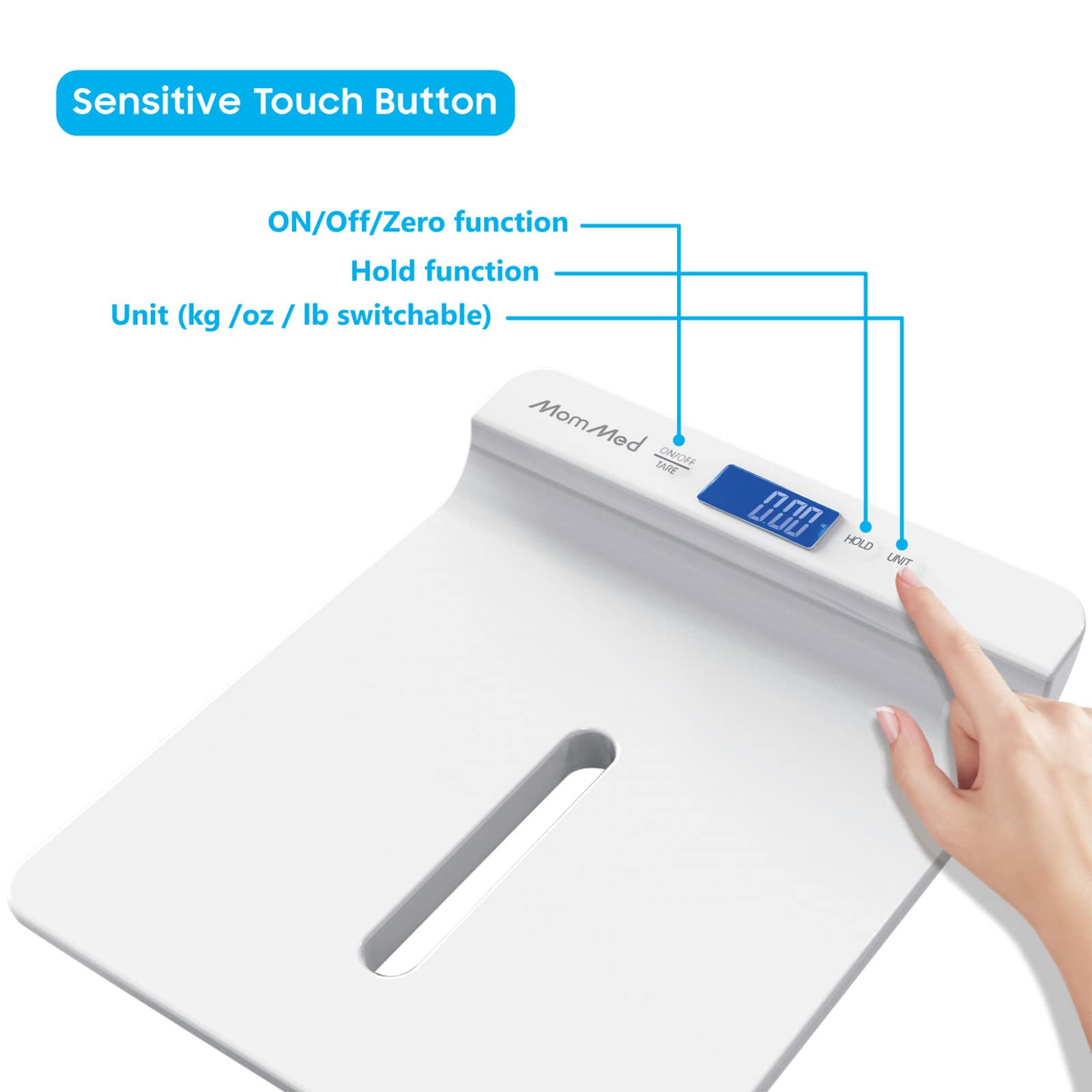 MOMMED Pet Scale hold function keeps weight on screen during movement.