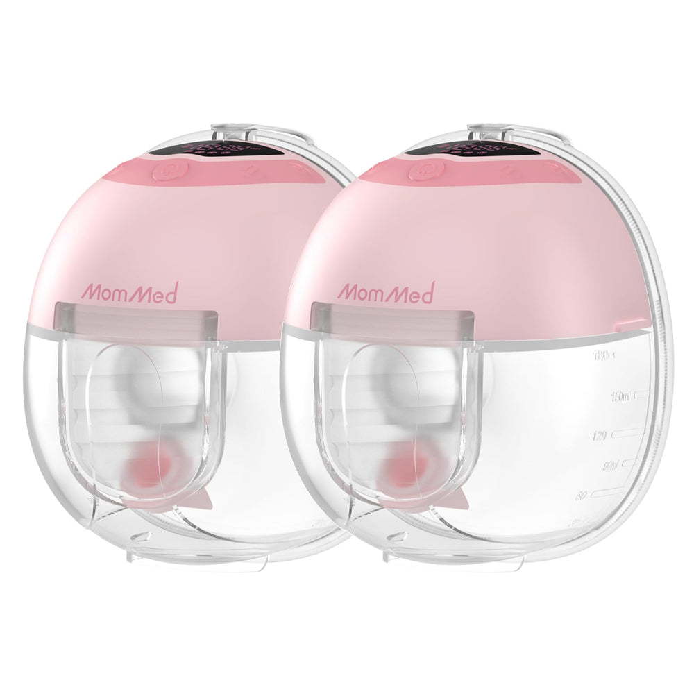 MomMed S33 wearable pump close-up in pink for discreet hands-free pumping.