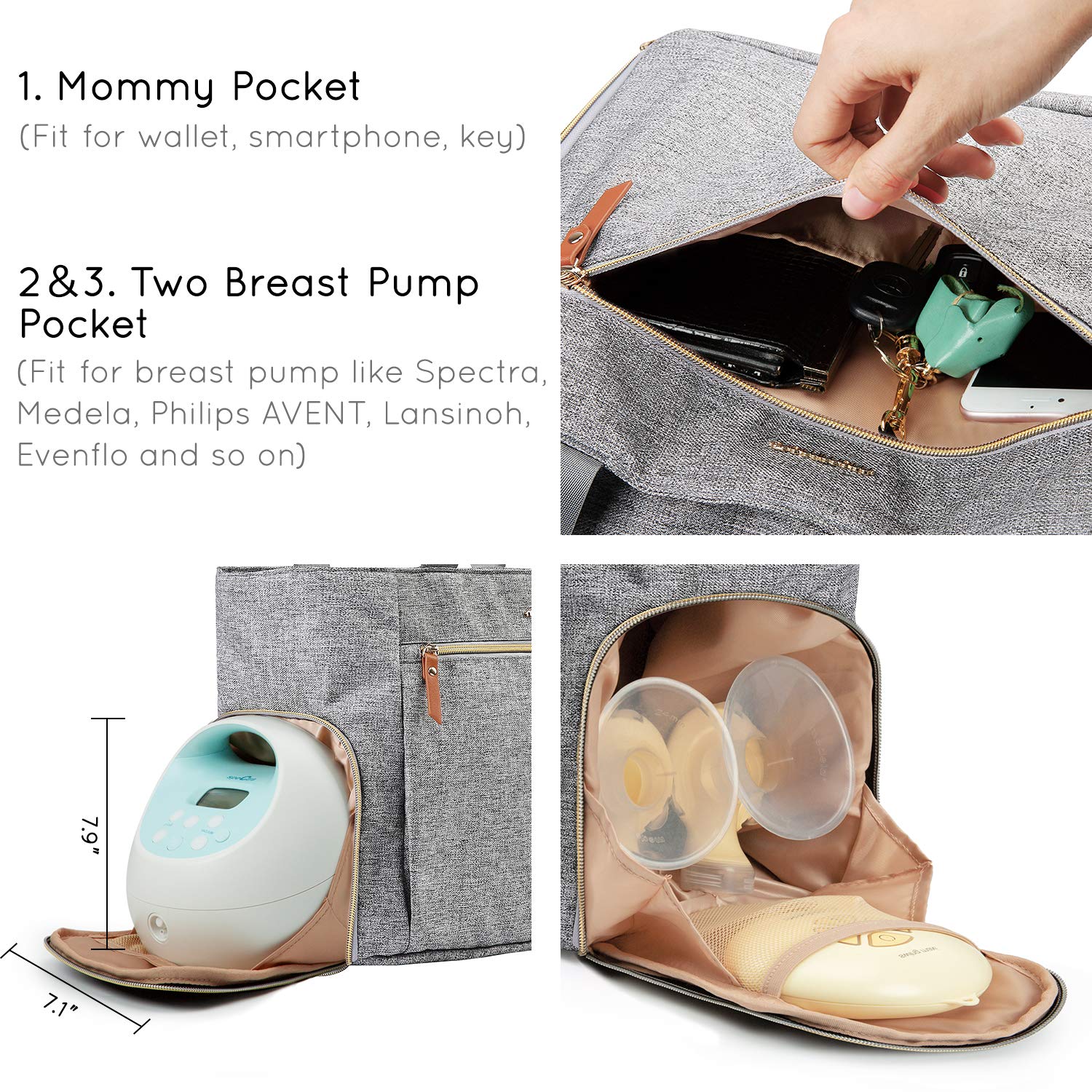 mommore three insulated pockets for shields, bottles, and wipes