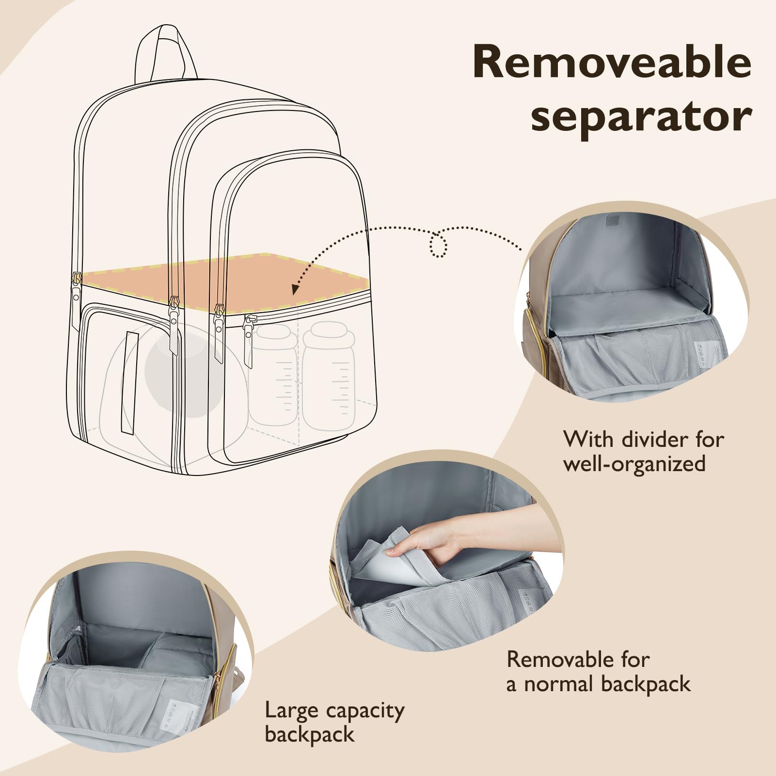 mommore baby backpack removable divider helps keep pumps and essentials organized.
