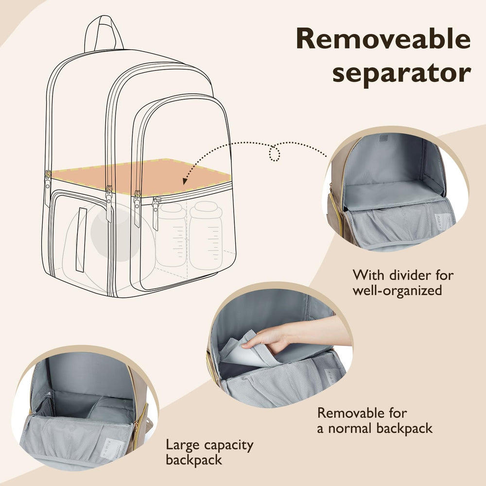 mommore baby backpack removable divider helps keep pumps and essentials organized.