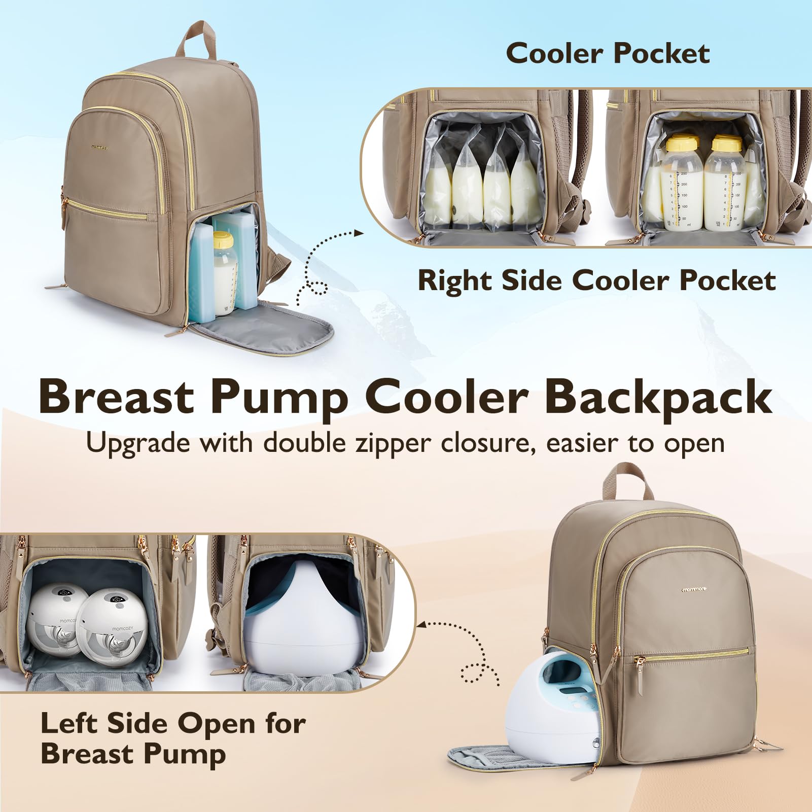 mommore breast pump bag inner mesh pocket stores tissues for quick reach.