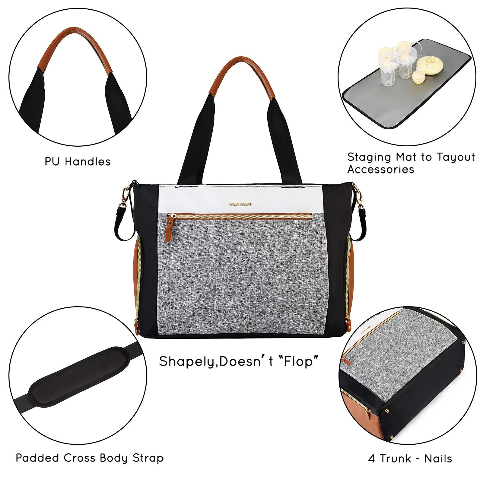 Mommore removable padded strap adapts from shoulder to crossbody