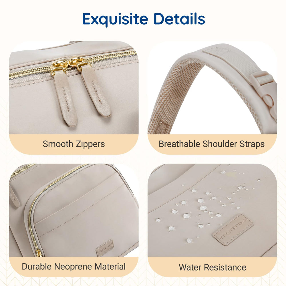 Mommore diaper backpack features stroller straps for hands-free walking.