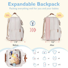 Mommore diaper bag multi-pockets layout shows front wet-dry pocket and insulated bottle pockets.