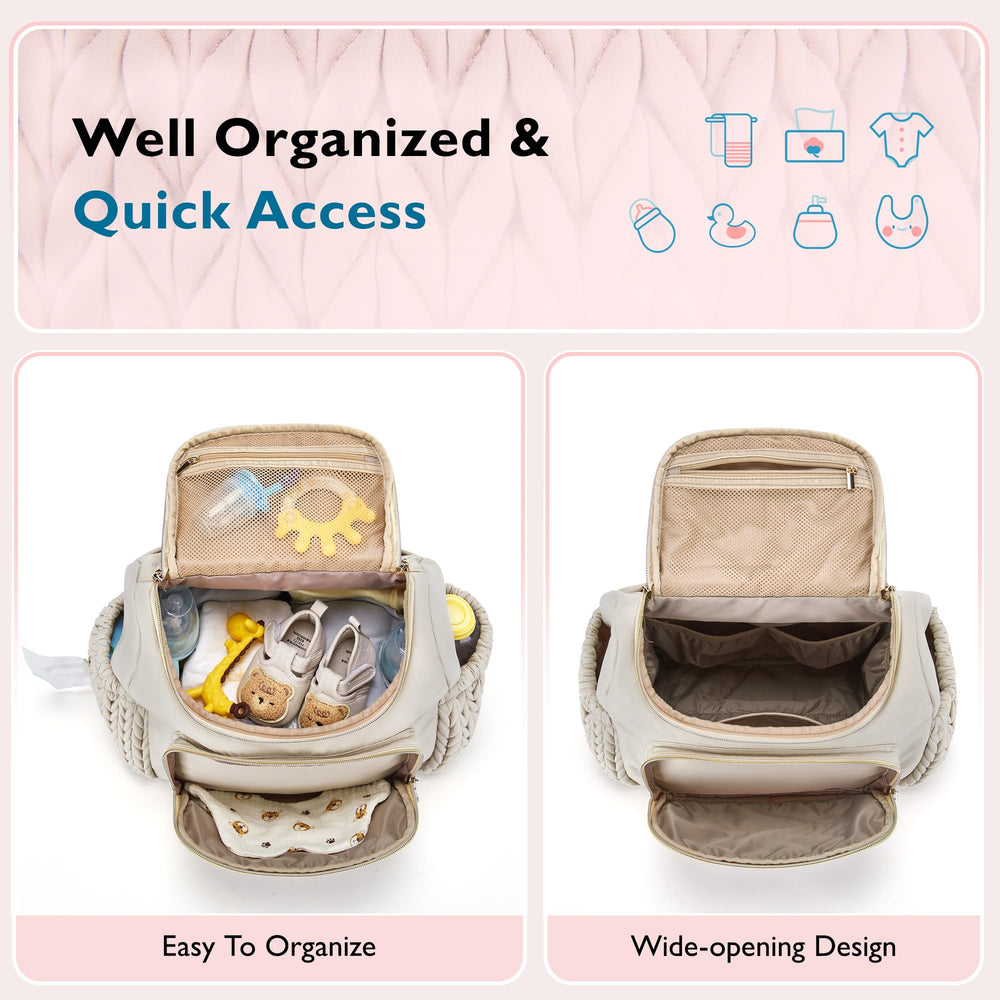 mommore diaper bag small backpack changing pad demonstrates quick on-the-go cleanups during trips.