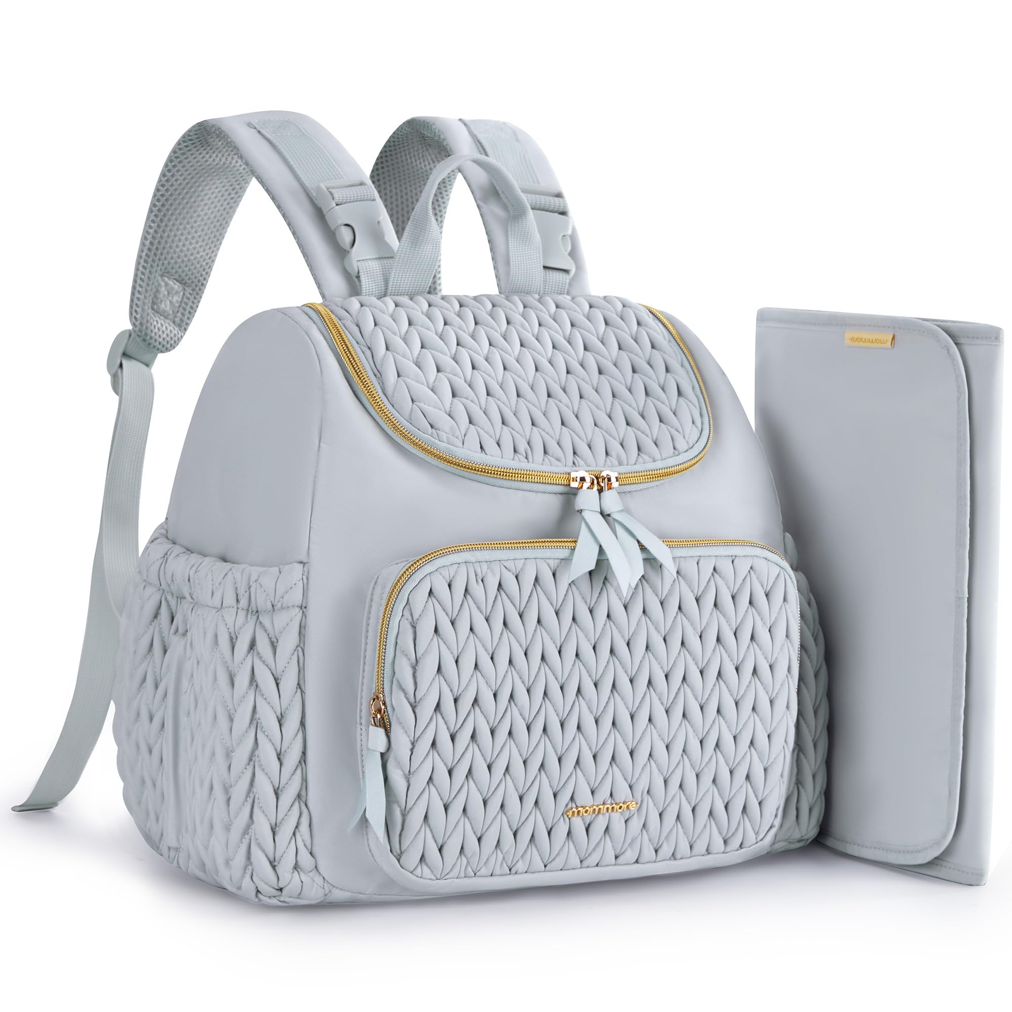 mommore diaper bag small backpack open view shows organized storage for quick diaper changes
