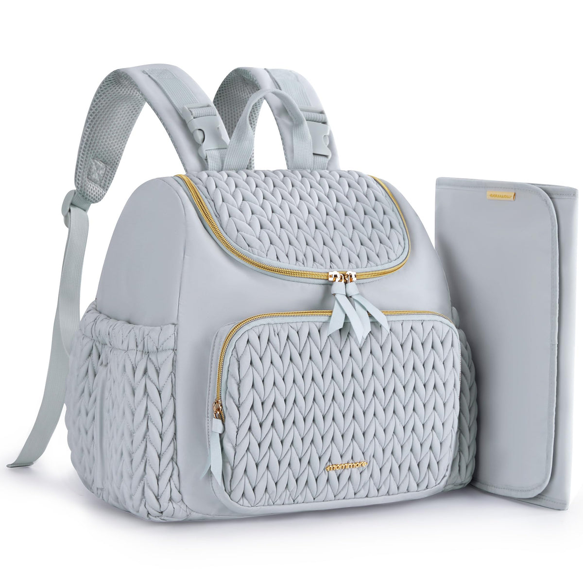 mommore diaper bag small backpack open view shows organized storage for quick diaper changes
