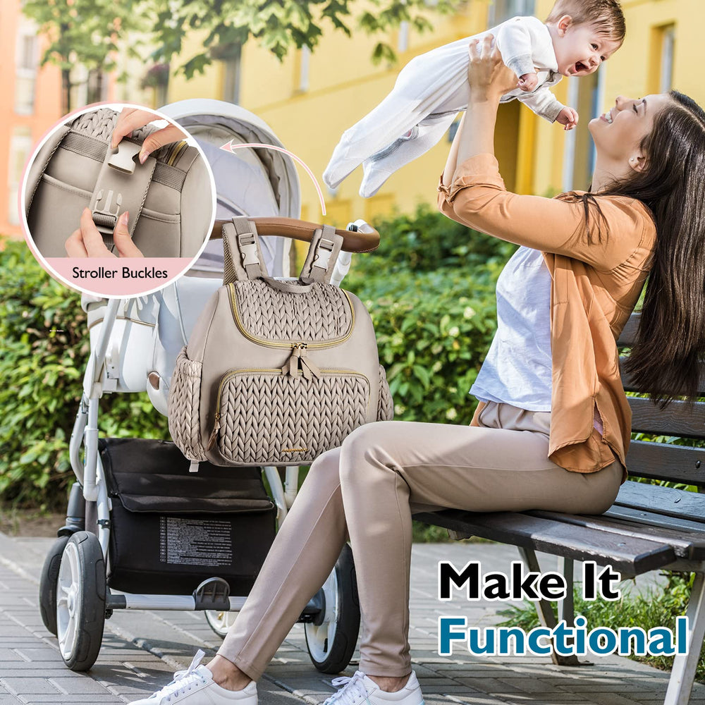 mommore diaper bag small backpack side pocket view shows bottle and tissue pockets for quick reach