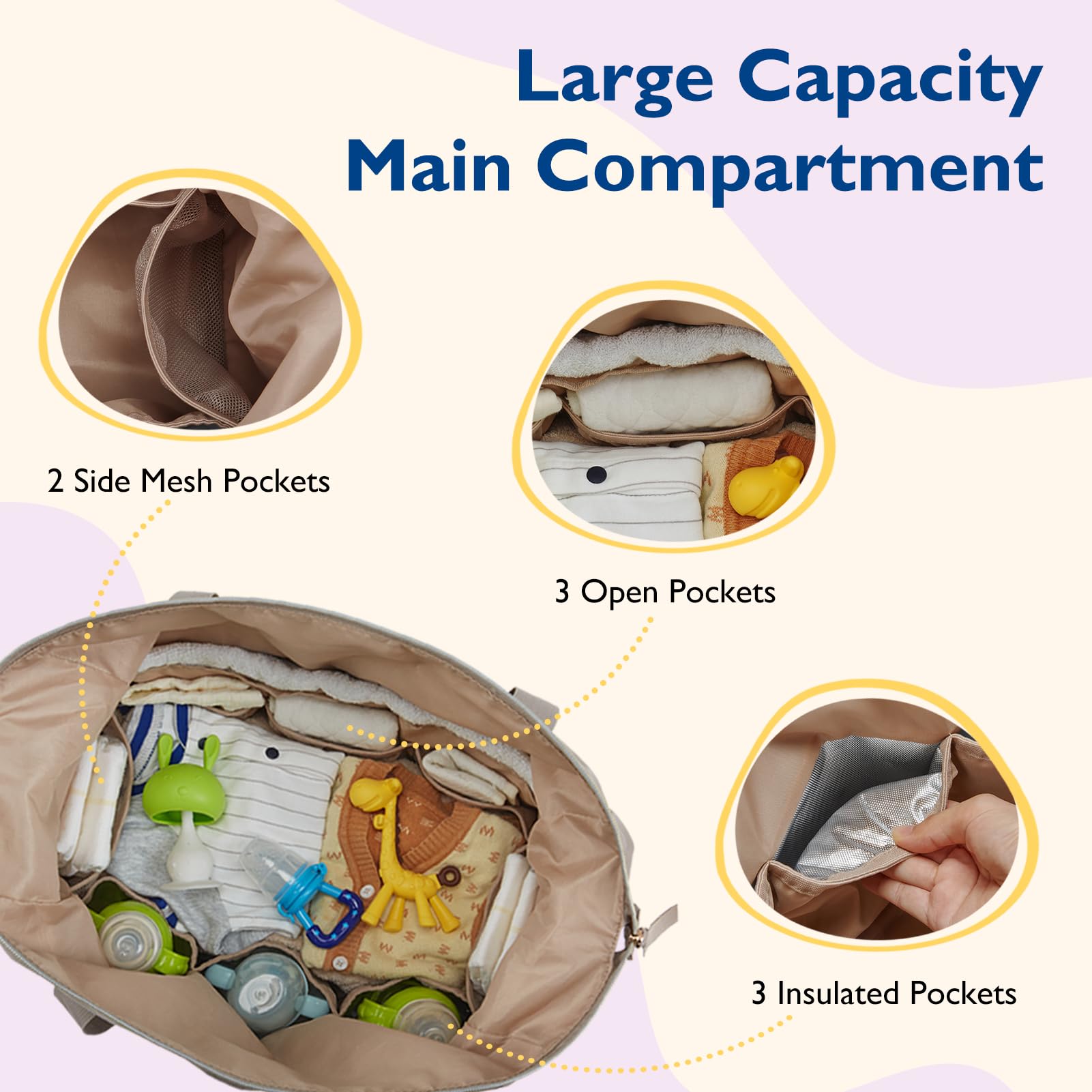 Mommore diaper bag tote features a pacifier case for quick access during outings.