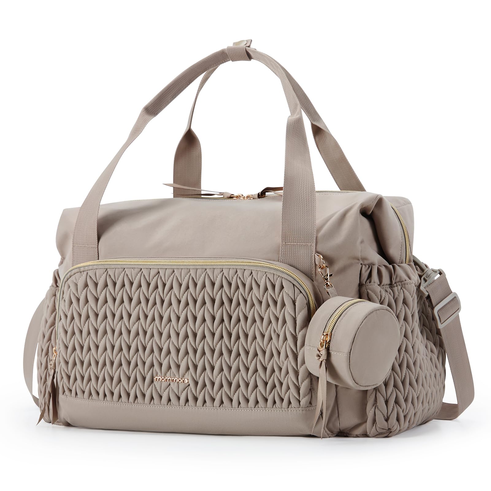 Mommore diaper bag tote shows spacious compartments for organizing baby essentials on the go.