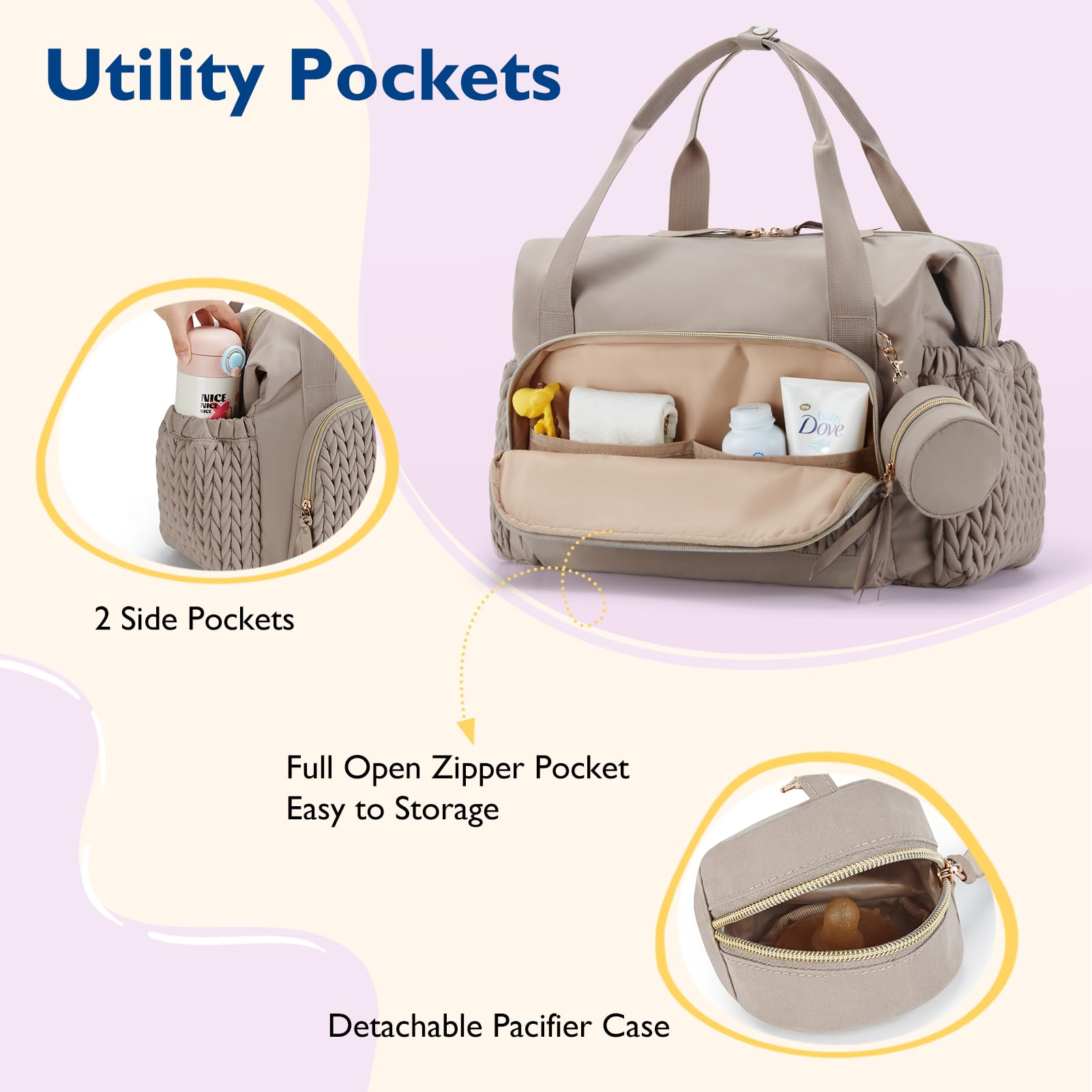 Mommore diaper bag tote uses water-resistant material for easy cleanup and durable daily use.