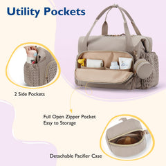 Mommore diaper bag tote uses water-resistant material for easy cleanup and durable daily use.