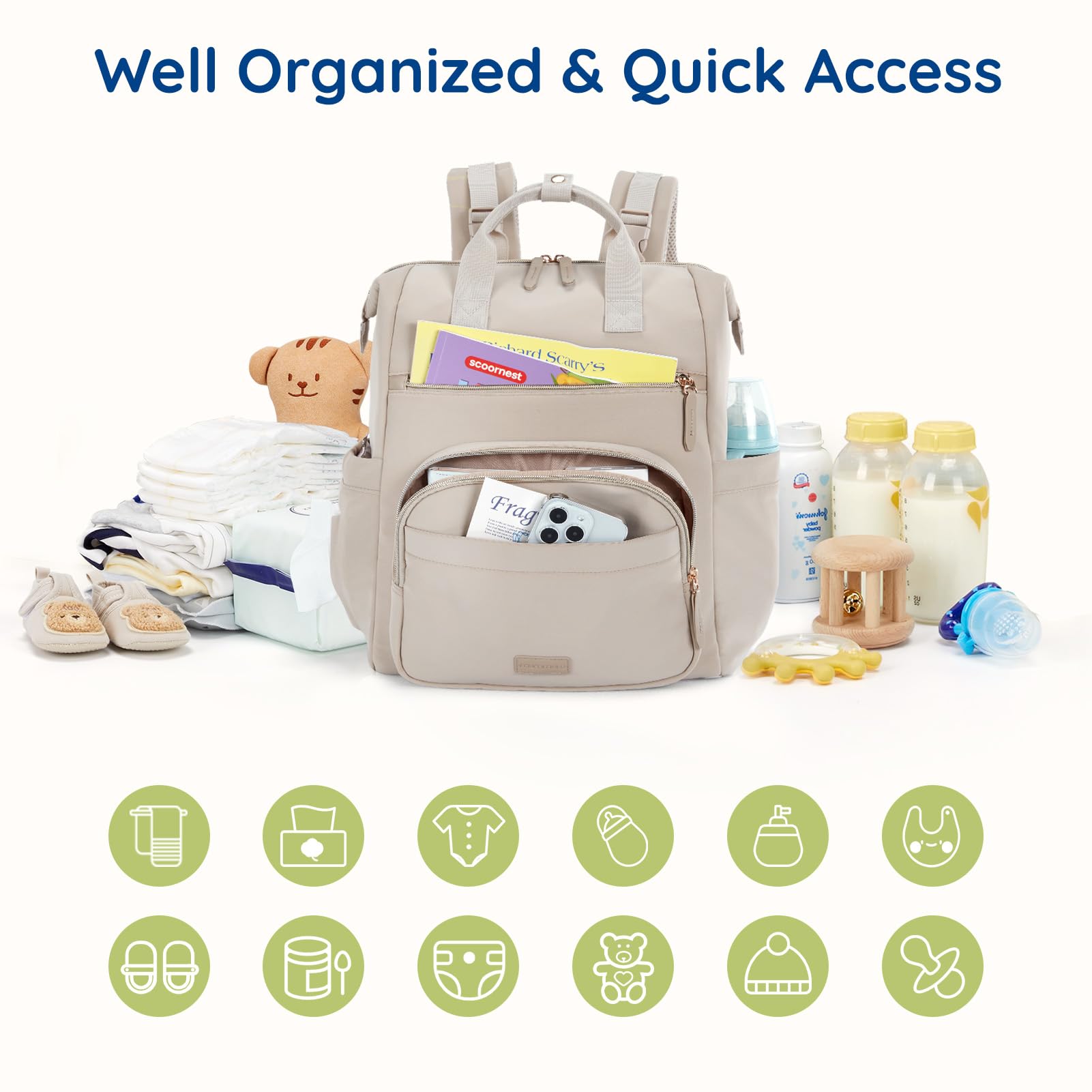 mommore neoprene diaper backpack front pockets for quick grab items during outings