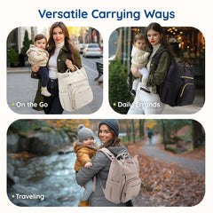 Mommore neoprene diaper bag with insulated pockets keeps bottles warm or cool.