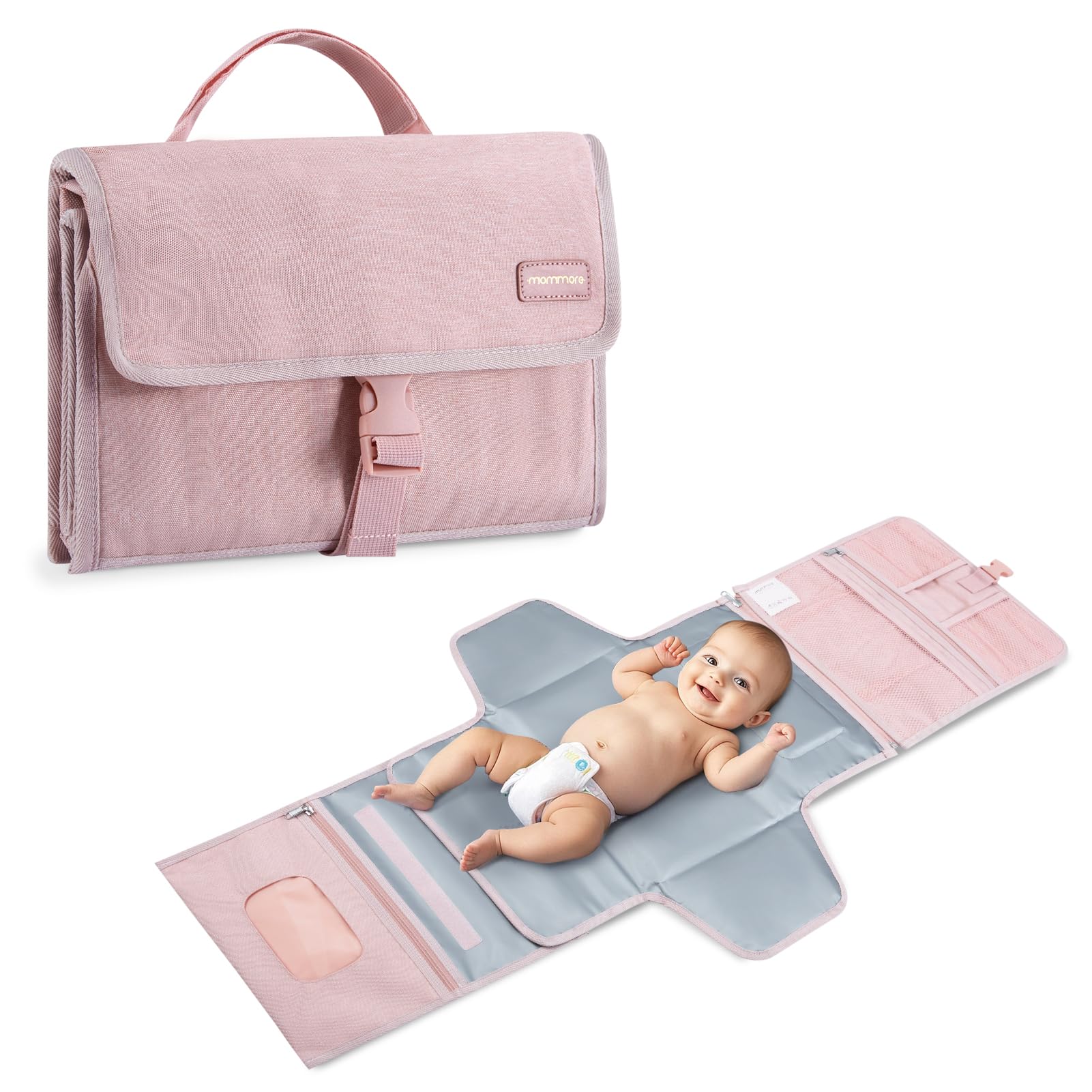 mommore portable changing pad with open-pocket layout keeps diapers and essentials organized on the go