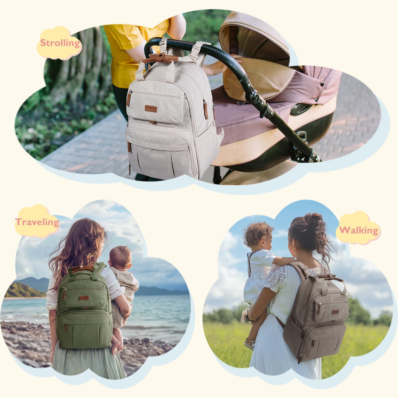 Mommore stroller-clips attach securely for hands-free strolling with the bag.