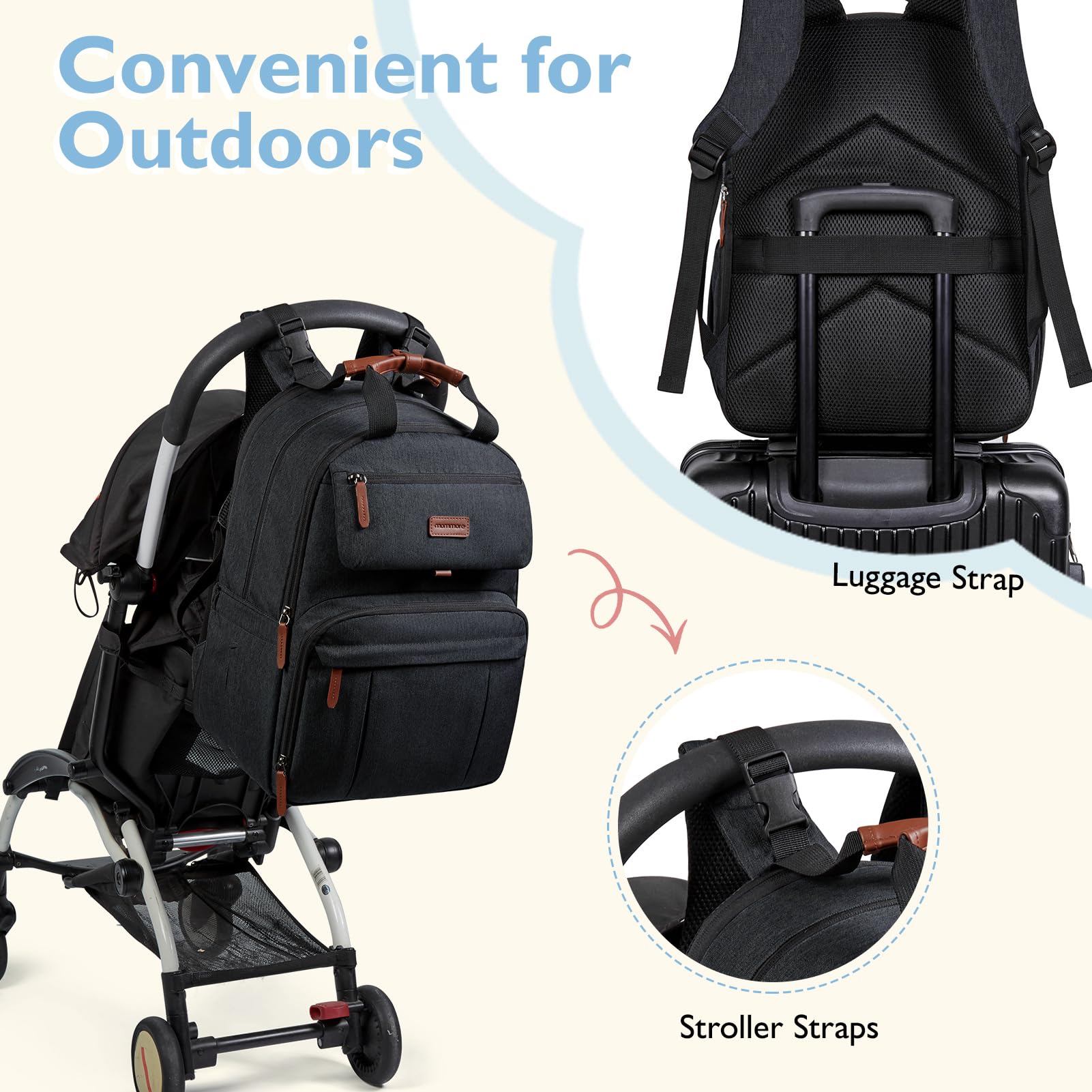 mommore stroller clips and luggage strap for hands-free travel