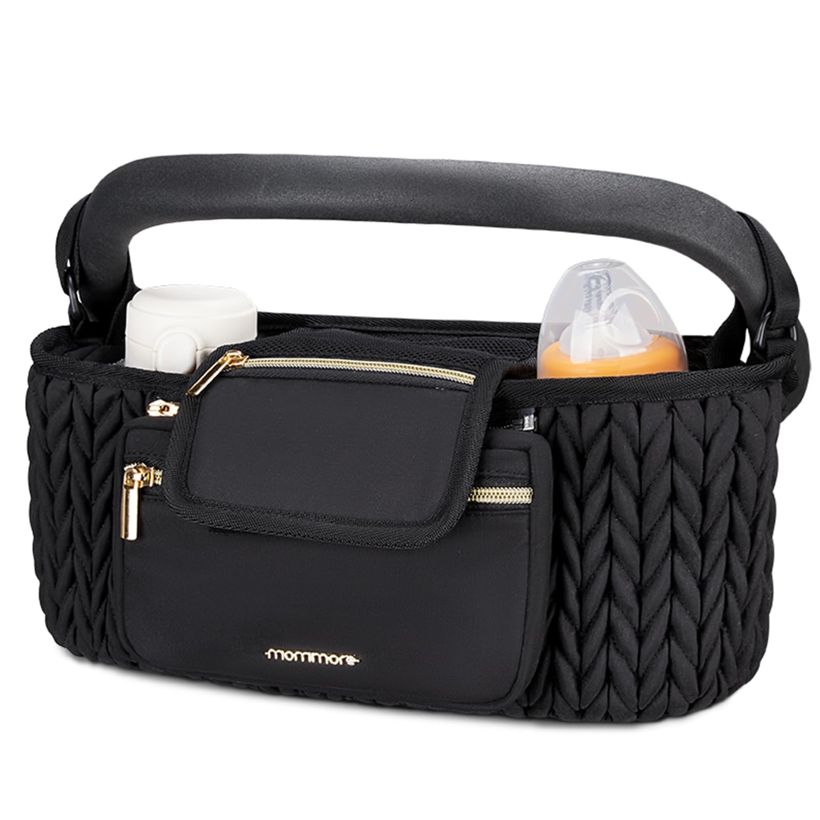 mommore stroller organizer front view showing roomy compartments for bottles and toys.