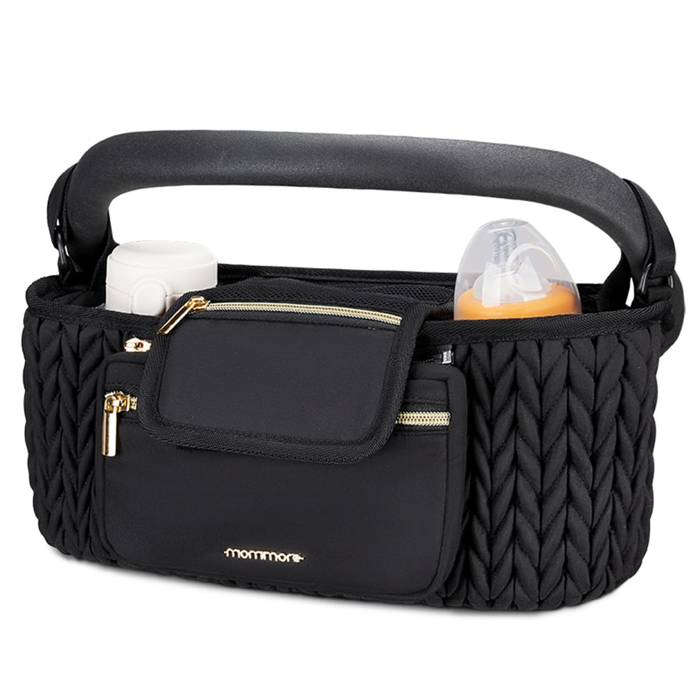 mommore stroller organizer front view showing roomy compartments for bottles and toys.