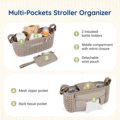 mommore stroller organizer with Velcro attachment secures to most strollers.