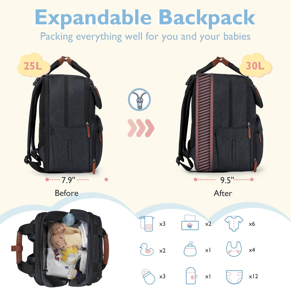 mommore diaper bag layout with two large compartments for baby essentials
