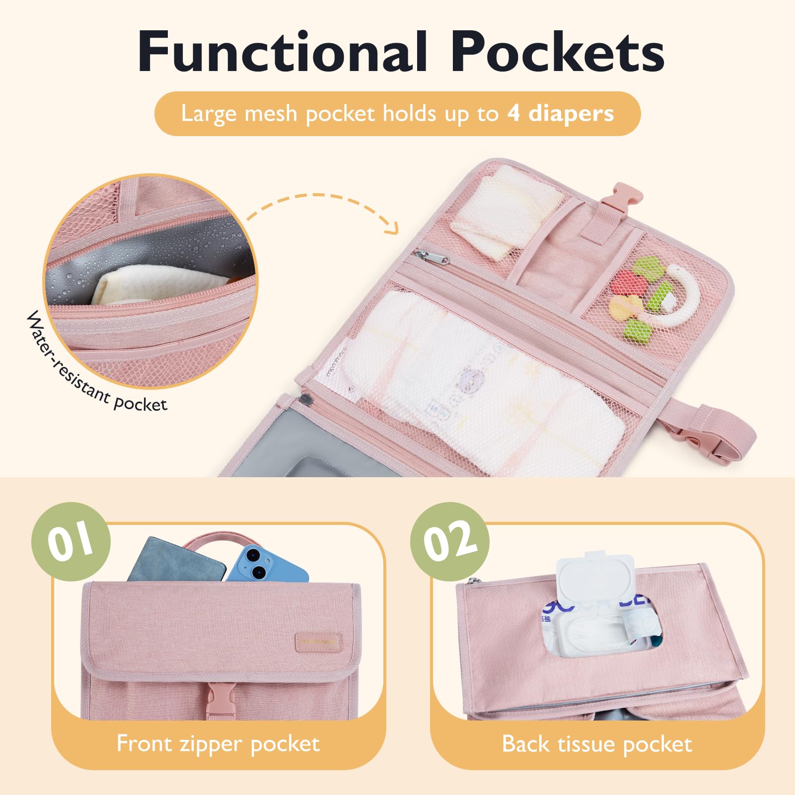 mommore waterproof PEVA material and soft padded pillow for comfortable diaper changes