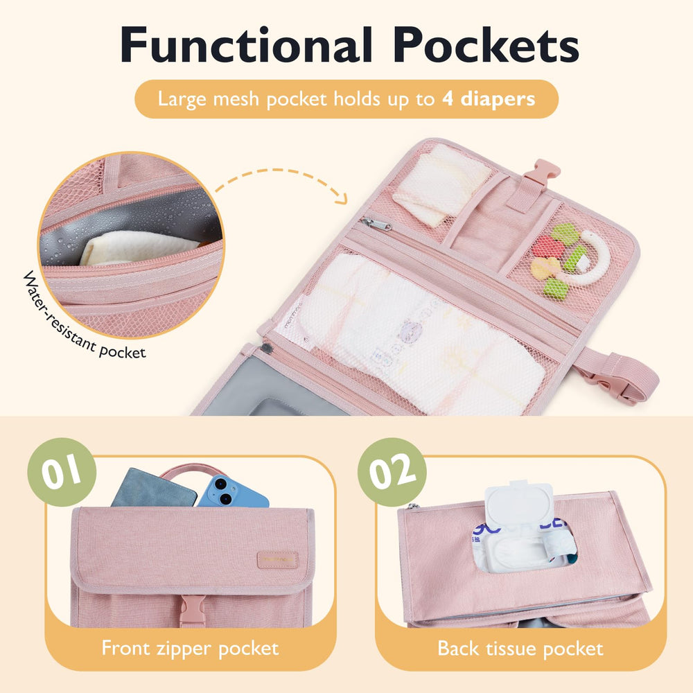 mommore waterproof PEVA material and soft padded pillow for comfortable diaper changes