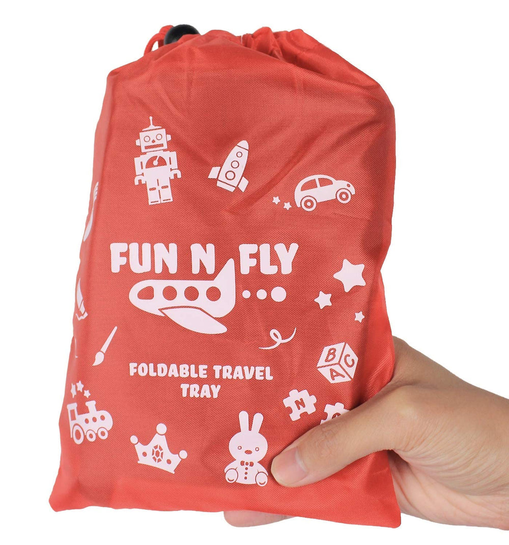 Mommy Brain Creatives Fun N Fly Tray blue folded shows compact travel setup for easy storage