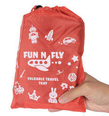 Mommy Brain Creatives Fun N Fly Tray blue folded shows compact travel setup for easy storage