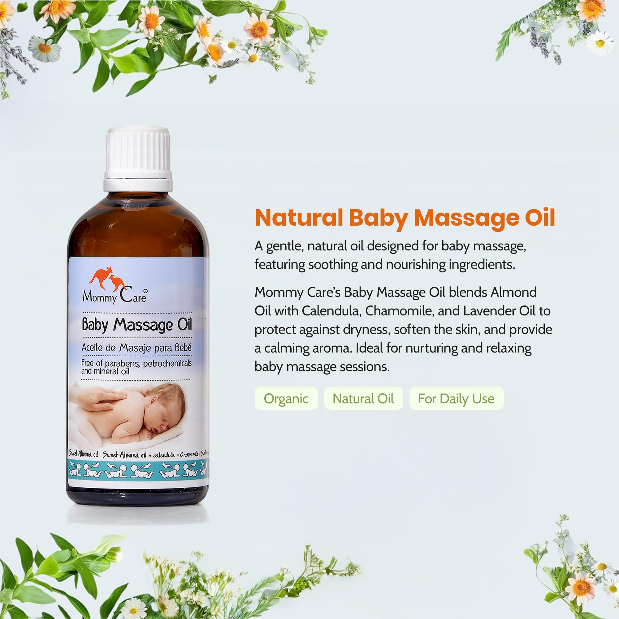 Pouring Mommy Care Baby Massage Oil shows a lightweight, non-greasy texture