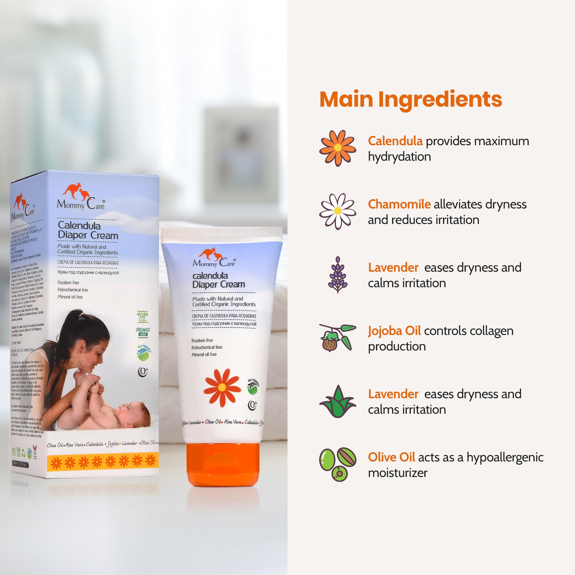 Mommy Care Calendula Cream texture shows light, non-greasy barrier ideal for frequent use.