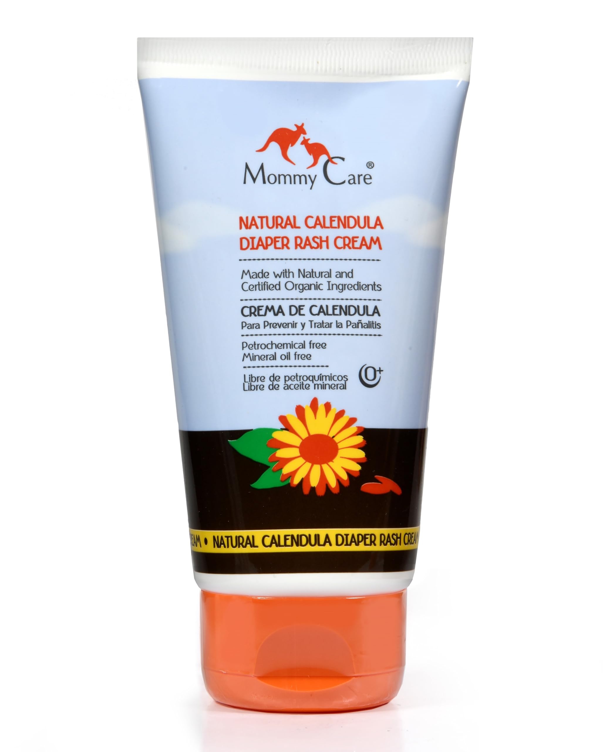 Mommy Care Calendula Diaper Cream jar shows gentle barrier protection for delicate baby skin.