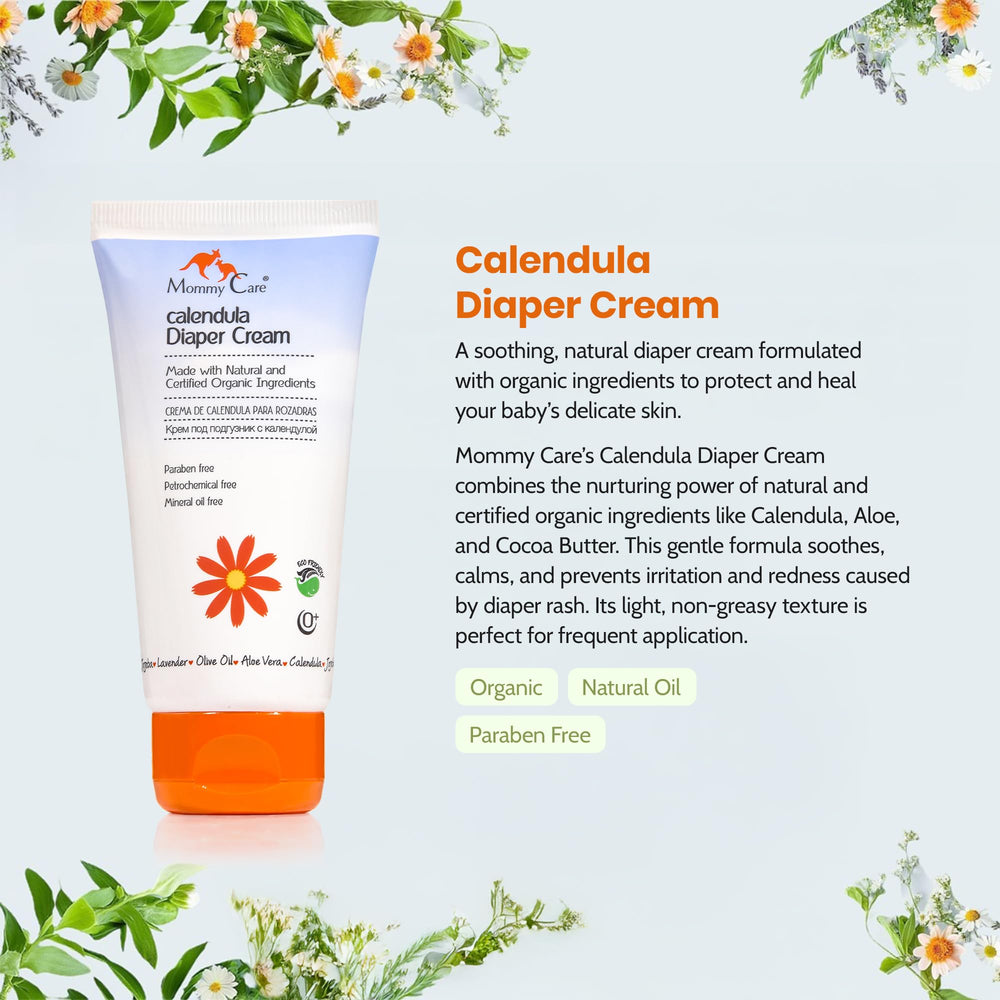 Mommy Care calendula ingredients graphic highlights calendula and aloe for soothing nourishment.