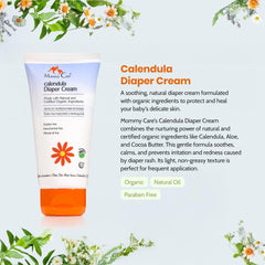 Mommy Care calendula ingredients graphic highlights calendula and aloe for soothing nourishment.